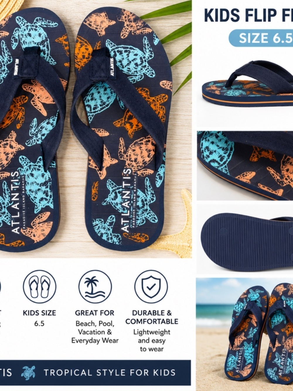 Kids Atlantis Turtle Print Flip Flops Size 6.5 Navy Blue Beach Sandals